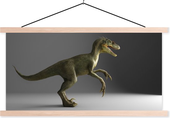 Posterhanger incl. Poster - Schoolplaat - Velociraptor - Dinosaurus - Grijs - 150x75 cm - Blanke latten