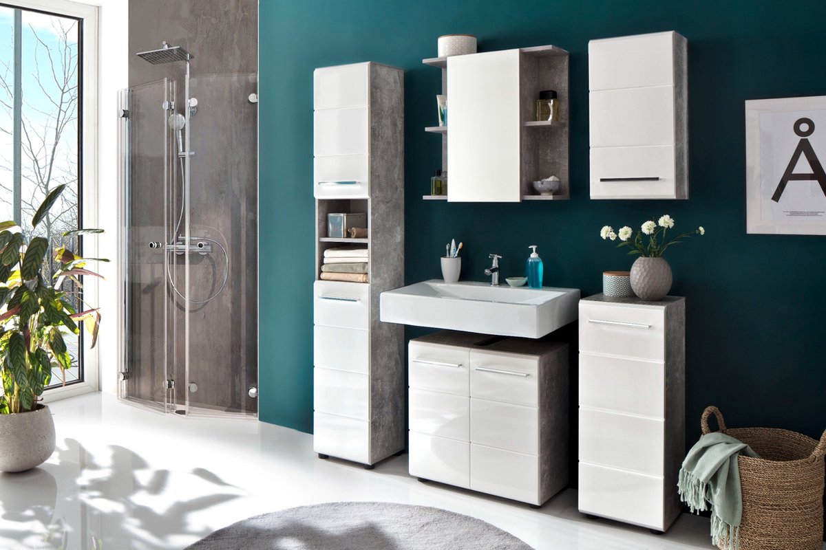 Nano badkamer B met spiegelkast beton decor, wit hoogglans.