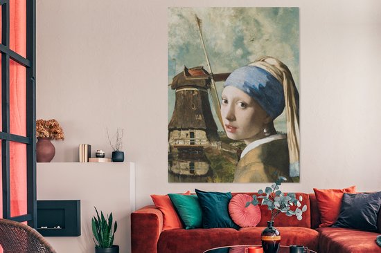 Canvas schilderij 120x160 cm - Wanddecoratie Meisje met de parel - Johannes Vermeer - Molen - Muurdecoratie woonkamer - Slaapkamer decoratie - Kamer accessoires - Schilderijen