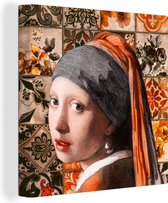 Canvas Schilderij Meisje met de parel - Tegels - Oranje - Zwart - 50x50 cm - Wanddecoratie