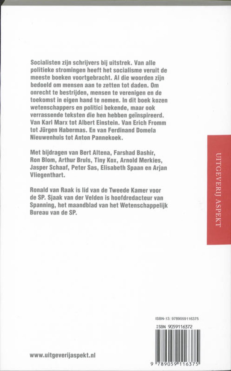 Achterkant van een boek met tekst over socialisme, politiek en wetenschap, en ISBN.