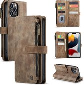CaseMe - Telefoonhoesje geschikt voor iPhone 13 Pro - Wallet Book Case met ritssluiting - Magneetsluiting - Bruin