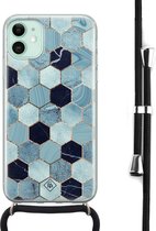 iPhone 11 hoesje met koord - Blue cubes | Apple iPhone 11 crossbody case | Zwart, Transparant | Marmer