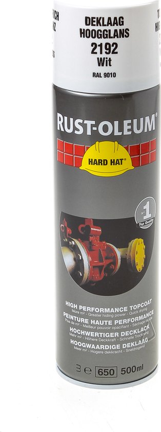 Rust-Oleum spuitbus met witte topcoat, hoogglans 2192, RAL 9010. Bevat harde hoed logo.