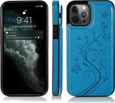 Hoesje geschikt voor iPhone 13 Pro Max - Backcover - Pasjeshouder - Portemonnee - Bloemenprint - Kunstleer - Blauw