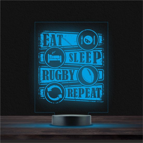 Led Lamp Met Gravering - RGB 7 Kleuren - Eat Sleep Rugby Repeat