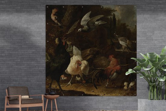 Tuinposter 200x200 cm - Tuindecoratie Vogels in een park - Schilderij van Melchior d'Hondecoeter - Poster voor in de tuin - Buiten decoratie - Schutting tuinschilderij - Tuindoek muurdecoratie - Wanddecoratie balkondoek
