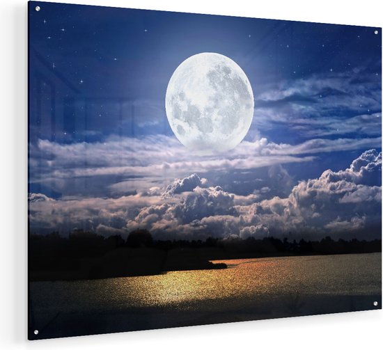 Artaza Glasschilderij - Volle Maan bij het Water - 80x60 - Plexiglas Schilderij - Foto op Glas
