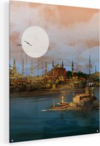 Artaza Glasschilderij - Illustratie Van De Maiden's Tower In Istanbul - 80x100 - Groot - Plexiglas Schilderij - Foto op Glas