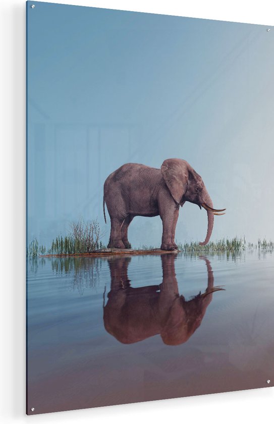 Artaza Glasschilderij - Olifant Bij Het Water - 90x120 - Groot - Plexiglas Schilderij - Foto op Glas