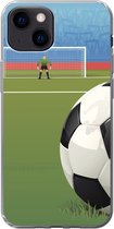 Geschikt voor iPhone 13 mini hoesje - Een illustratie van een voetbal op het veld in het stadion - Jongens - Meiden - Kids - Siliconen Telefoonhoesje