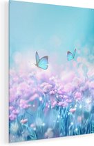 Artaza Glasschilderij - Twee Blauwe Vlinders Bij Roze Bloemen - 75x100 - Groot - Plexiglas Schilderij - Foto op Glas
