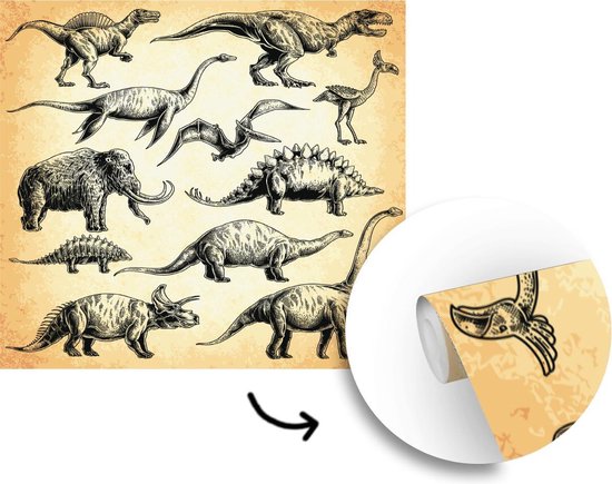 Behang - Fotobehang Dinosaurus - Vintage - Tekening - Kinderen - Jongens - Kids - Kindje - Breedte 300 cm x hoogte 300 cm