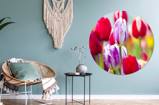 WallCircle - Wall Circle - Wall Circle Indoor - Gros plan de tulipes colorées - 140x140 cm - Décoration murale - Peintures ronds
