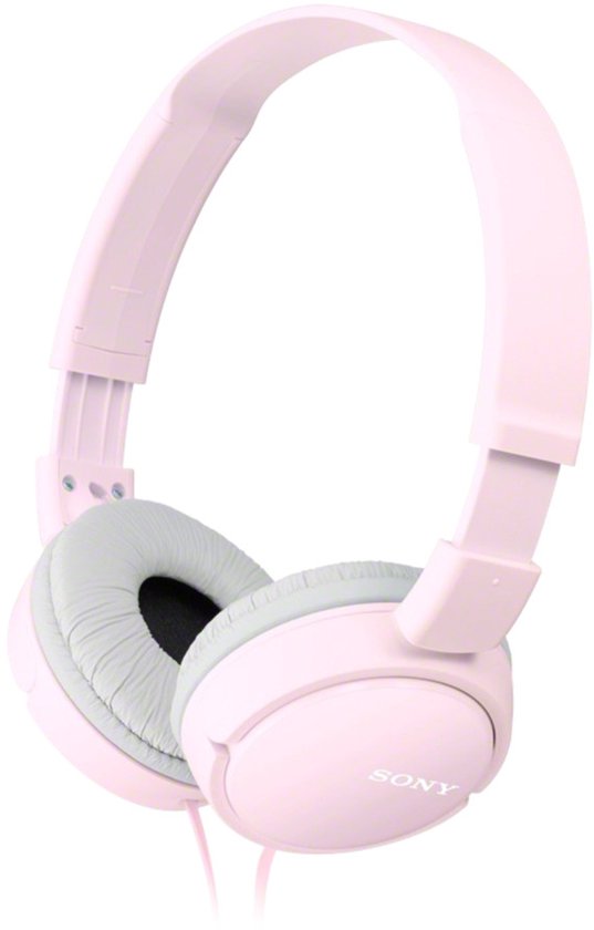 Roze Sony on-ear koptelefoon met grijze oorkussens.