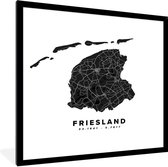 Fotolijst incl. Poster - Friesland - Nederland - Kaart - Zwart - 40x40 cm - Posterlijst