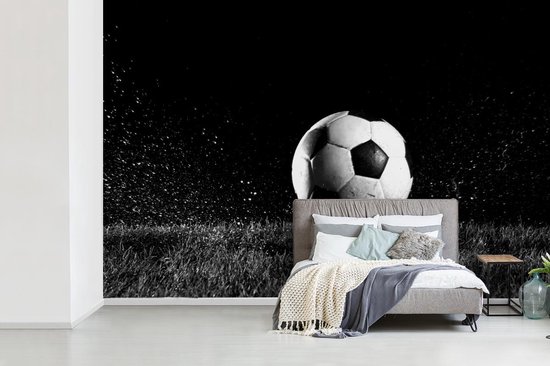 Behang - Fotobehang Voetbal in het gras - zwart wit - Breedte 390 x hoogte 260 cm |