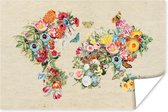 Poster - Wereldkaart - Bloemen - Craft papier - 120x80 cm