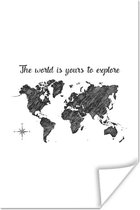 Poster Wereldkaart - Quotes - Zwart - Wit - 20x30 cm
