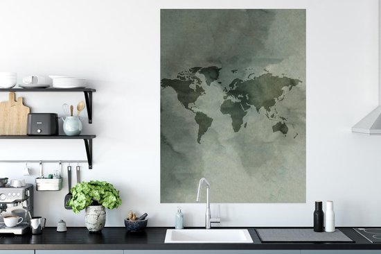 Décoration murale - Carte du Wereldkaart - Aquarelle - Grijs - 90x120 cm - Affiche