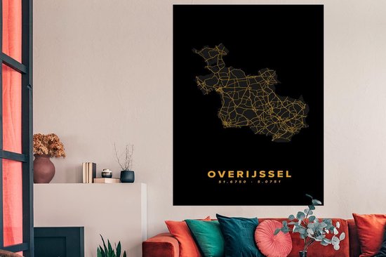 Affiche Overijssel - Carte - Noir et or - Pays- Nederland - 120x180 cm XXL