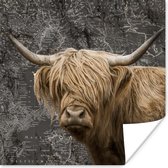 Muurdecoratie - Schotse hooglander - Wereldkaart - Dieren - 50x50 cm - Poster