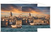 Zicht op een veerboot en de Galatatoren in Istanbul - Foto op Textielposter - 60 x 45 cm