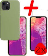 iPhone 13 Mini Hoesje Siliconen Met 2x Screenprotector Tempered Glass - iPhone 13 Mini Screen Protector 2x Beschermglas Full Screen Hoes Back Case - Groen