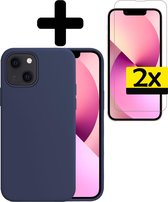 Hoesje Geschikt voor iPhone 13 Mini Hoesje Siliconen Case Met 2x Screenprotector - Hoes Geschikt voor iPhone 13 Mini Hoes Siliconen - Donkerblauw