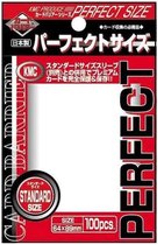KMC Perfect Size hoesjes, transparant met 'PERFECT SIZE' en 'CARD GUARD' tekst op de rode verpakking.