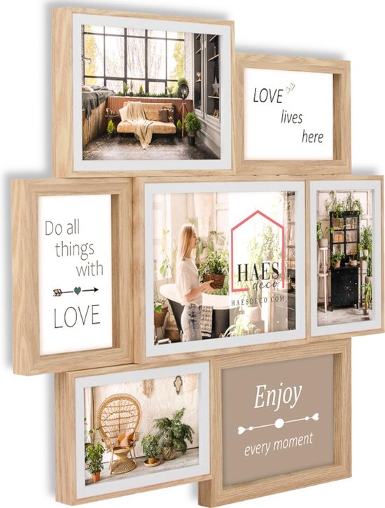 HAES DECO - Cadre Multi photo en bois / Galerie Fevik aux couleurs marron et blanc pour 4 photos 10x15, 2 photos 13x18 et 1 photo 15x20 (format 46x47,5) - MP127