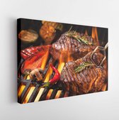 Canvas schilderij - Beef steaks on the grill with flames -     384426301 - 115*75 Horizontal