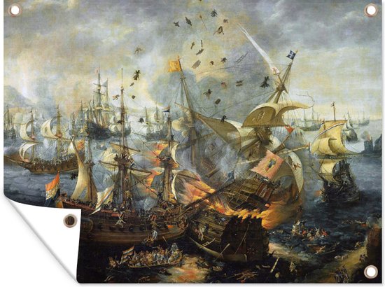 Tuinposter - Tuindoek - Tuinposters buiten - Het ontploffen van het Spaanse admiraalsschip - Schilderij van Cornelis Claesz van Wieringen - 120x90 cm - Tuin