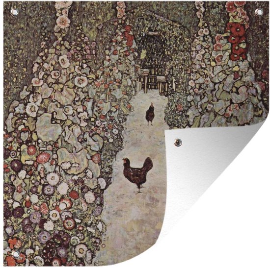 Tuinposters Tuinpad met kippen - schilderij van Gustav Klimt - 50x50 cm - Tuindoek - Buitenposter