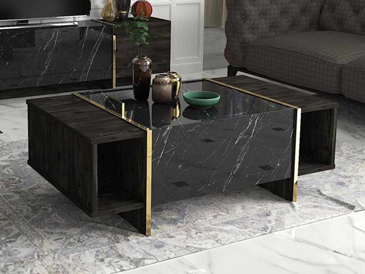 Vente-unique Salontafel met 1 deur en 2 niches - Zwart marmereffect, donker naturel en goud - CADEBA II Zwart, Natuurlijk donker