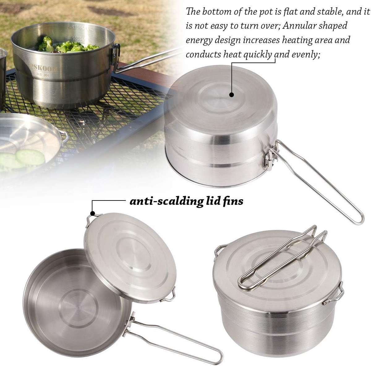 Marmite De Camping En Acier Inoxydable 3L - Avec Poignée Pour Suspension - Pour Feu De Camp, Barbecue, Cuisine Maison