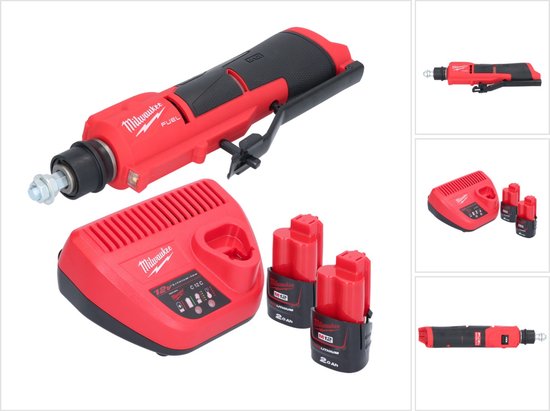 Milwaukee M12 FUEL bandenfrees, oplader en twee 2.0 Ah accu's in rood en zwart.