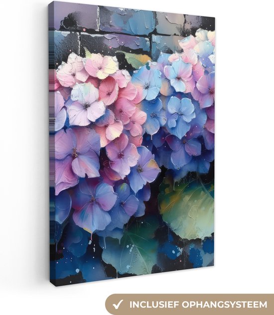 Tableau sur toile 40x60 cm - Hortensia - Graffiti - Fleurs - Hortensias violets - Décoration murale chambre - Décoration murale salon - Décoration d'intérieur - Peintures