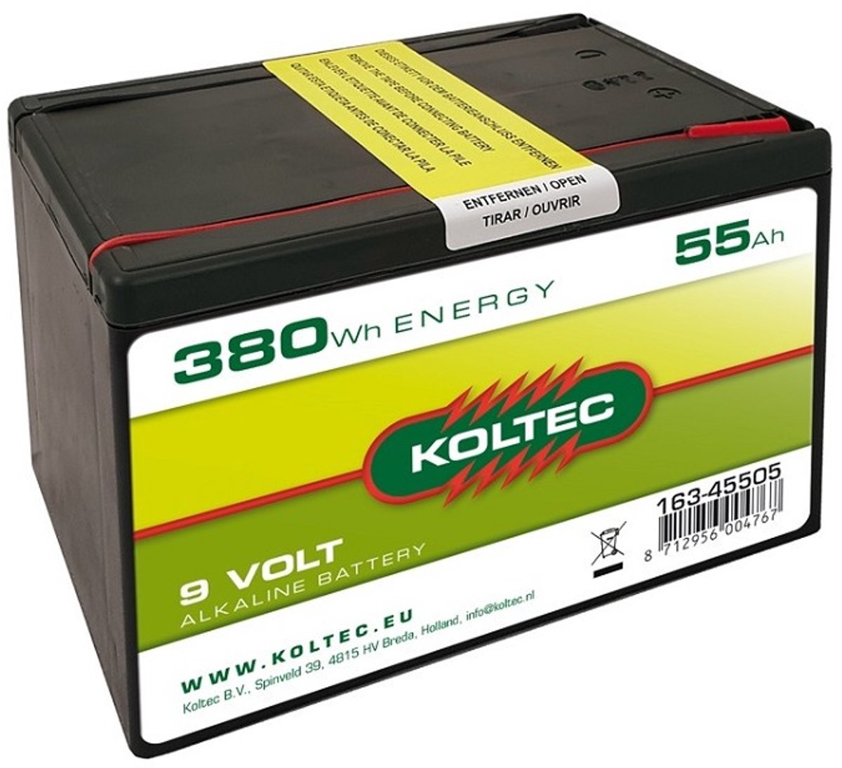 Koltec Batterij 9V 380 Wh 55 Ah — 9 Volt batterij 380Wh 55Ah, alkaline fence batterij, schrikdraad voeding
