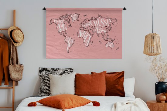 Tapisserie - Tapisserie - Carte du Wereldkaart - Rose - Lettres - 150x100 cm - Tapisserie