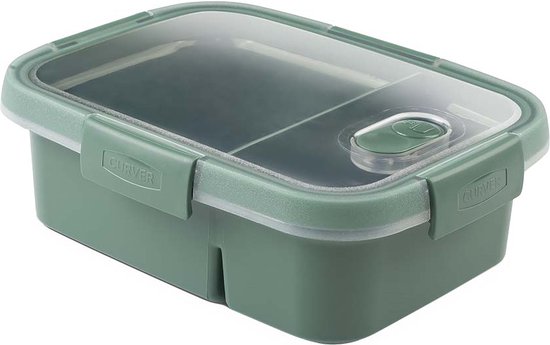 Boîte à lunch Curver verte avec couvercle transparent divisé et fermoirs vert pâle. Comprend des couverts.