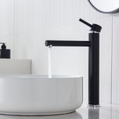 Badkamerkraan, zwart, hoog, eengreeps badkamerkraan, wastafelmengkraan met uitloophoogte 225 mm, roestvrijstalen wastafelmengkraan met geluidsarme keramische ventielkern