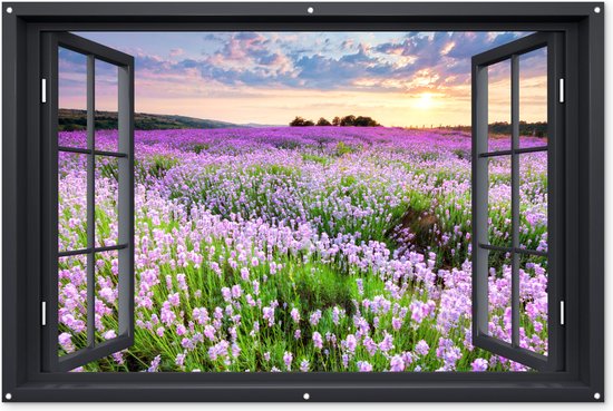 Tuinposter Doorkijk - Bloemen - Landschap - Raam - 180x120 cm - Tuindoek - Buitenposter