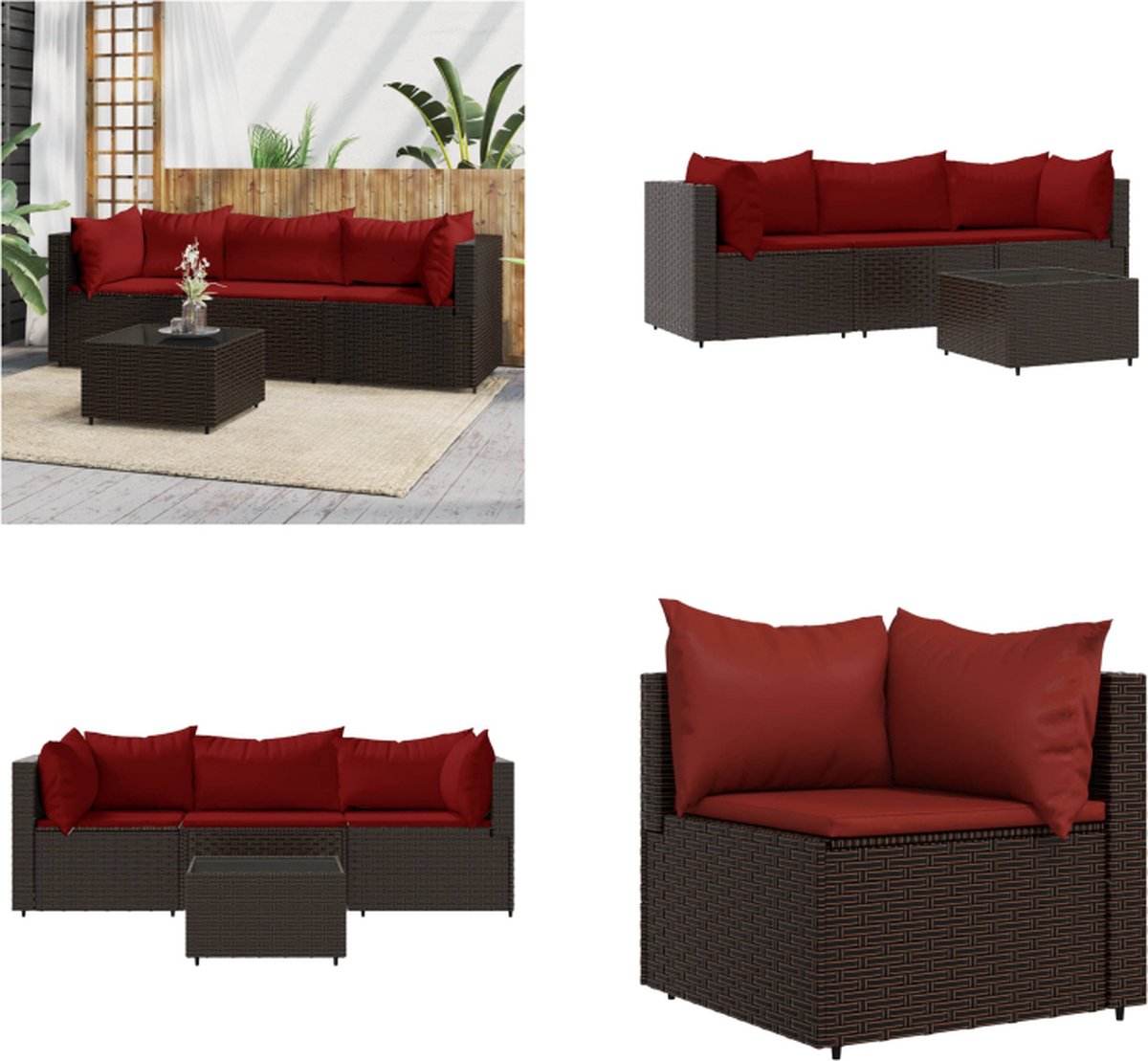 vidaXL 4-delige - Loungeset - met - kussens - poly - rattan - bruin