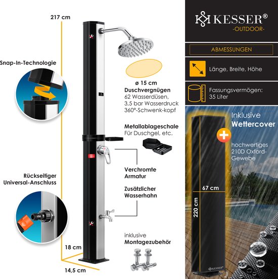 KESSER® Solar douche 35 liter Solar tuindouche Incl. beschermhoes | warm water | max. 60°C zonder stroomaansluiting Pooldouche Camping| regendouchekop en kraan | tuinslangaansluiting, zilver