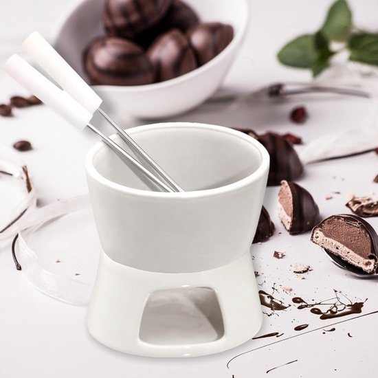 Mini Chocolade Fondueset - Ontdek Puur Chocoladegenot met Trendy en Stijlvol Design - Inclusief 2 Fonduevorken, Ideaal voor Koekjes & Fruit - Keramiek, Wit - 10 x 9 x 6 cm - Merkloos