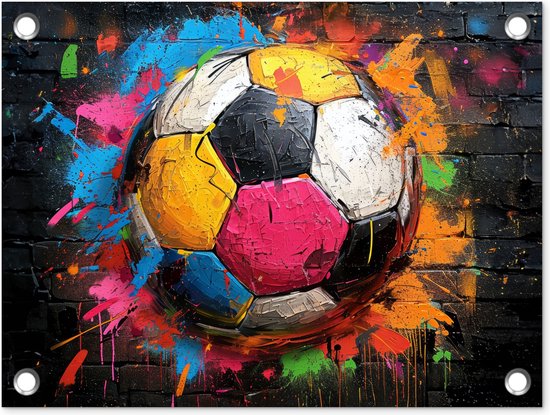 Tuinposter 40x30 cm - Tuindecoratie - Graffiti - Voetbal - Muur - Sport - Pop art - Poster voor in de tuin - Buiten decoratie - Schutting tuinschilderij - Muurdecoratie - Buitenschilderijen - Tuindoek - Buitenposter..