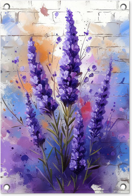 Tuindecoratie Lavendel - Graffiti - Bloemen - Paars - Bloem - 40x60 cm - Tuinposter - Tuindoek - Buitenposter..