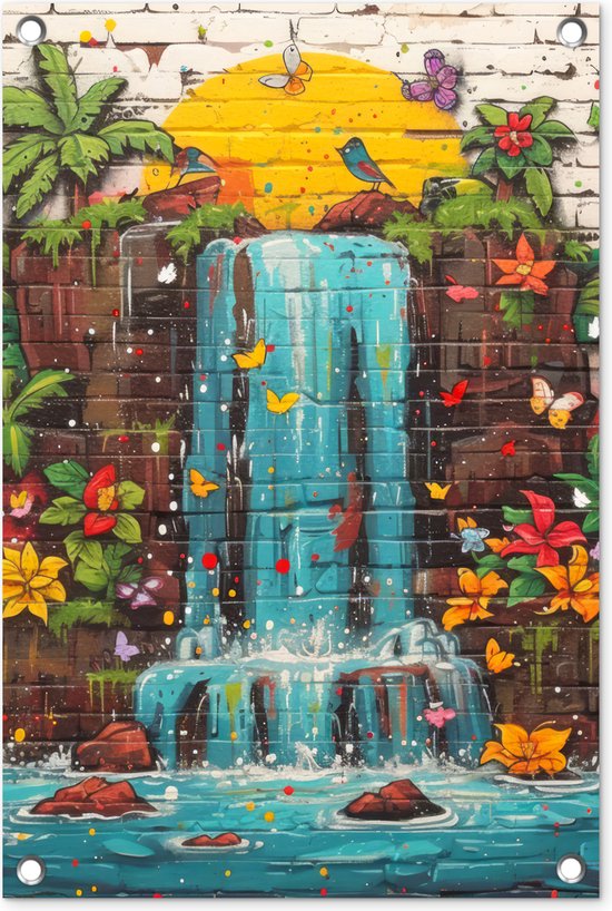 Tuindecoratie Graffiti - Waterval - Kleurrijk - Bloemen - Street art - 40x60 cm - Tuinposter - Tuindoek - Buitenposter..