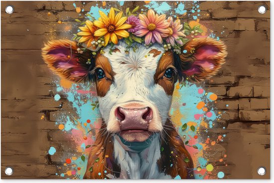 Tuinposter 60x40 cm - Tuindecoratie - Koe - Graffiti - Dieren - Bloemen - Street art - Poster voor in de tuin - Buiten decoratie - Schutting tuinschilderij - Muurdecoratie - Tuindoek - Buitenposter..